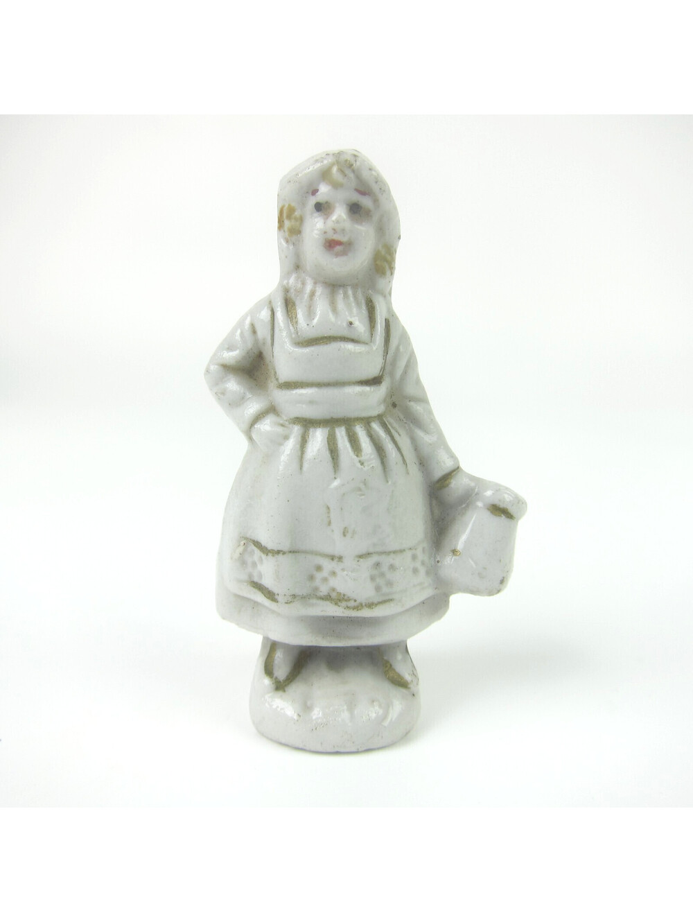 Vintage Glazed Porcelain Milkmaid Figurine 2.5"  Young Lady Holds Milk Jug Japan